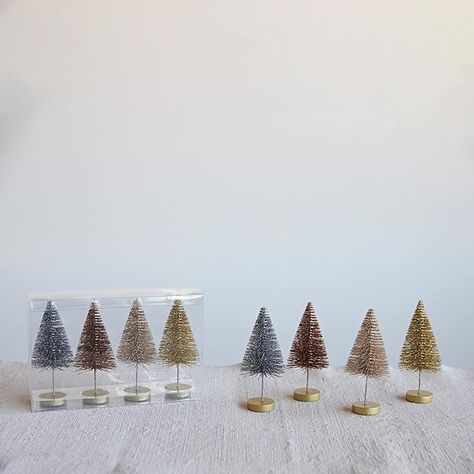 Amazon.com: Creative Co-Op 2-1/2" Round x 6" H Plastic Bottle Brush Trees w/Wood Bases, Metallic Colors, Boxed Set of 4 : Home & Kitchen Bottle Brush Tree, Brush Trees, Brush Tree, Aesthetic Christmas, Holiday Store, Creative Co Op, Bottle Brush Trees, Bottle Brush, Nutcracker Christmas