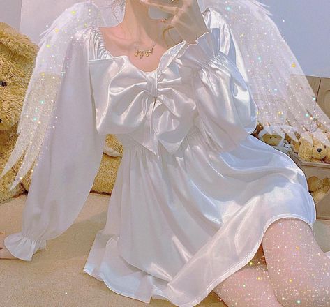 Available for Customized size orders (20 working days making time by our tailor) 🌷[2020 Christmas Edition] Kiss Me Softly Satin Dress… Angelic Aesthetic Outfit, Angelcore Aesthetic Outfits, Angel Core Outfit, Angelcore Fashion, Angelcore Outfits, Angel Outfit, Aesthetic Dress, Angel Dress, Dress Aesthetic