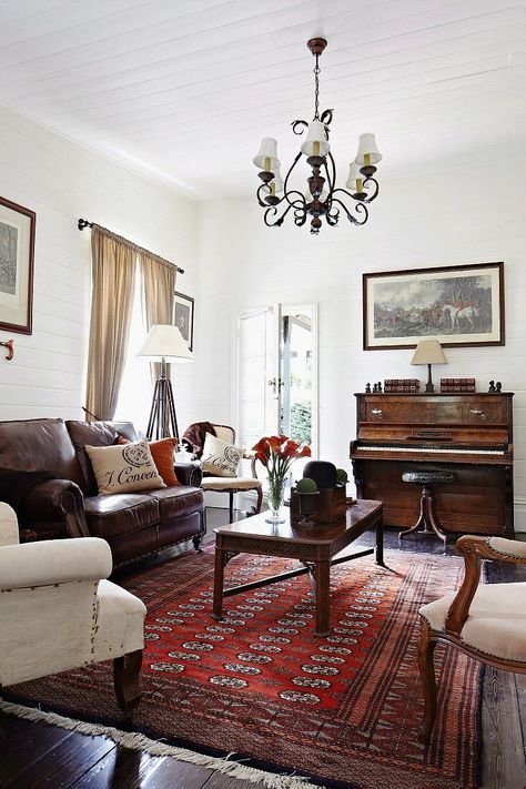 Red Rug Living Room, Persian Rug Living Room, Dandenong Ranges, Living Room Hardwood Floors, Antique Living Room, Turkish Rug Living Room, Vintage Rug Living Room, Leather Sofa Living Room, Piano Stool