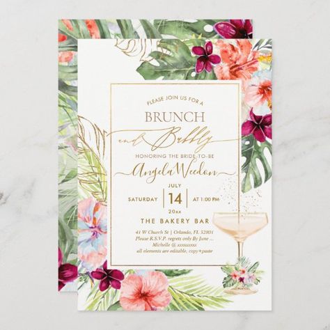 PixDezines H2 Tropical Paradise Brunch Bubbly Invitation Hibiscus Wedding, Tropical Bridal Shower Invitations, Wedding Welcome Gifts, Brunch Bubbly, Paradise Flowers, Tropical Bridal, Tropical Bridal Showers, Bridal Luncheon, Tropical Hibiscus