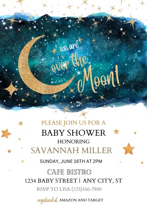 Editable baby shower over the moon template, blue sky, moon and stars, digital download, boy, twinkle little star, baby shower invitation Moon Party Invitation, Moon Invitation Card, Moon Theme Invitation, Moon And Star Invitation, Savannah Miller, Moon Baby Shower Invitation, Cafe Bistro, Birthday Invitations Girl, 1st Birthday Invitations