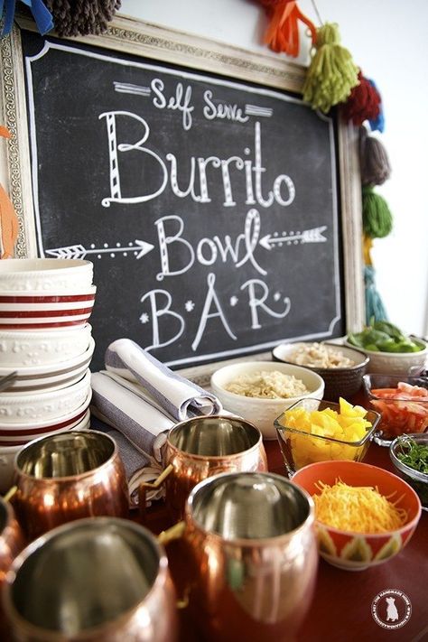 easy burrito bowl bar - a great idea for parties! Burrito Bowls For A Crowd, Breakfast Burrito Bar For A Crowd, Breakfast Bowl Bar, Breakfast Burrito Bar Ideas, Office Luncheon Ideas, Lunch Bar Ideas, Breakfast Burrito Bar, Burrito Bowl Bar, Burrito Bar