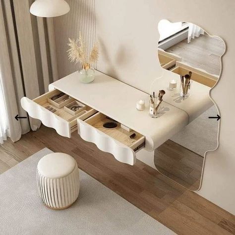 Dressing Table Designs ✨️ #dressingtabledesign #dressingroom #dressingtable #dressingtabledecor #homedesignsdworld #viralpost #fypシ゚viralシ2024fyp #explorepage Vanity Wall Storage, Wall Mounted Dressing Table, Floating Makeup Vanity, Dressing Table Models, Aesthetic Vanity, Dressing Table Decor, Dressing Table Design, Table Large, Mirror Console