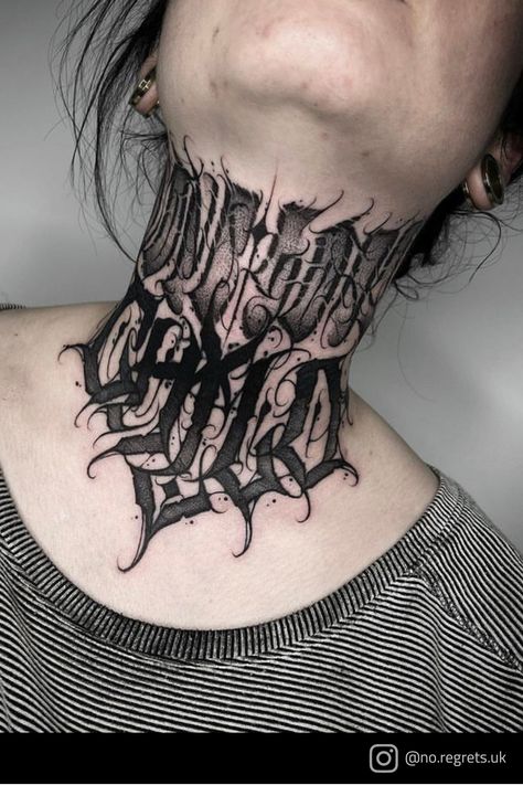 Throat Lettering Tattoo, Your Throat Here Tattoo, Script Tattoo Neck, Neck Tattoo Lettering, Neck Lettering Tattoo, Blackwork Neck Tattoo, Dark Neck Tattoo, Neck Script Tattoo, Dark Lettering Tattoo