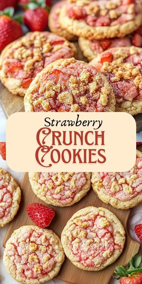 Strawberry Cookies offer a perfect blend of chewy, crunchy textures and rich strawberry flavor! 🍓🍪 These delicious cookies are easy to make and bursting with fruity goodness, making them the ideal treat for dessert, snacks, or gifting. They’re a must-try for strawberry lovers!

📌 Pin this recipe to bake sweet, flavorful strawberry cookies that everyone will love!
#StrawberryCookies #FruitDesserts #EasyBaking #SweetTreats #ChewyCookies #CookieLovers Strawberry Frosted Cookies, Strawberry Crunch Cookies Recipe, Strawberry And Cream Cookies, Strawberry Crunch Desserts, Strawberry Crinkle Cookies Recipe, Fruity Desserts Easy, Strawberry Crinkle Cookies, Strawberry Crunch Cookies, Strawberry Shortcake Crunch