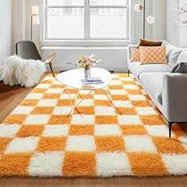 Orange And White Bedroom Decor, Checkboard Rug, White Rug Living Room, Fuzzy Area Rug, Creating Aesthetic, Rug For Nursery, Living Room Carpets, Living Room Hardwood Floors, Mid Century Room