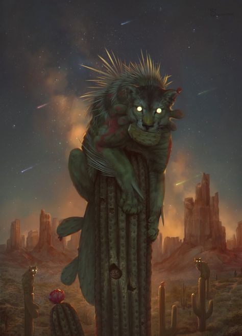 Fantasy Cowboy, Desert Animal Art, Dresden Files, Cactus Cat, Dnd Campaign, Creature Artwork, Cool Monsters, Dnd Monsters, Spaceship Art