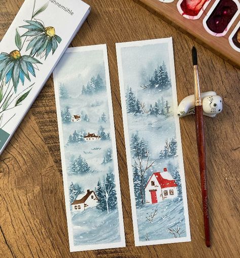 Watercolour Christmas Bookmarks, Watercolor Christmas Bookmarks, Christmas Bookmarks Watercolor, Christmas Watercolor Bookmarks, Bookmarks Painted, Drawing Village, Xmas Drawing, Winter Drawings, Christmas Card Illustration