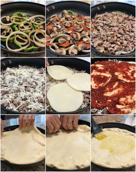 Cast Iron Pizza Recipe, Skillet Pizza Recipe, Upside Down Pizza, Cast Iron Skillet Pizza, Deep Dish Pizza Recipe, Cast Iron Pizza, Delicious Pizza Recipes, Skillet Pizza, Piece Of Pizza