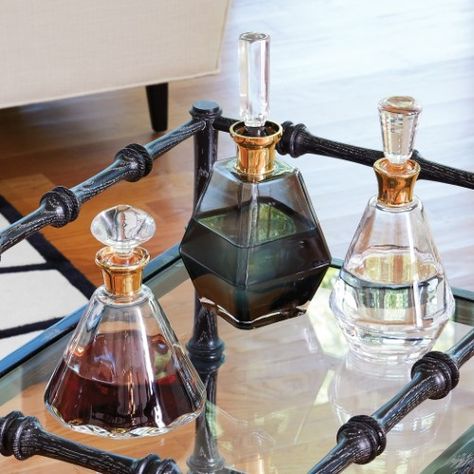 Crystal clear glass has been shaped to form our optic and chic Prism Decanter. A radiant 24k band has been added for a touch of opulence. Decanter Display Bar, Decanter Display, Alabaster Box, Glass Decanter Set, Drinking Glass Sets, Decanter Set, Global Views, Glass Decanter, Drinking Glass