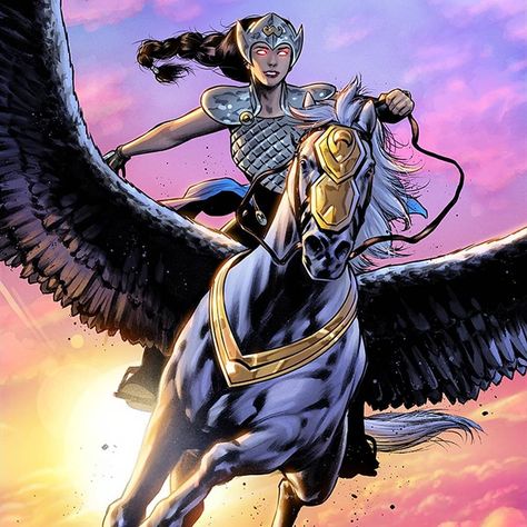 CAFU Comic Book Artist on Instagram: “VALKYRIE and MR. HORSE !  This image ends the first arc of the series with beautiful colors by @aburtov 🤩 . . #fairytale #fairytales…” Valkyrie Comic, Comic Valkyrie, Valkyrie Marvel Comics, Valkyrie Marvel, Asgard Marvel, Jane Foster, Young Avengers, Marvel Posters, Marvel Comic Character