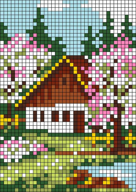 Crochet Alpha Pattern Landscape, Complex Pixel Art, Pixel Flower Art, Alpha Tapestry Pattern, Nature Pixel Art, Cute Pixel Art Grid, Pixel Art House, Flower Pixel Art, Cabin Woods