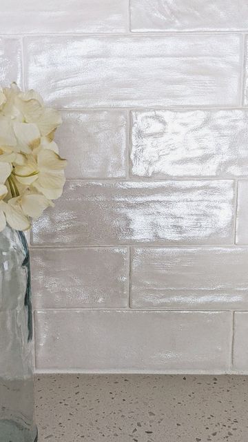 Iridescent Backsplash Tile, Pearl Subway Tile Bathroom, Pearl Kitchen Tiles, White Shimmer Backsplash, Shiny Backsplash Tile, White Iridescent Backsplash Kitchen, Pearled Subway Tile, Kitchen Backsplash Samples, Glazed Ceramic Backsplash