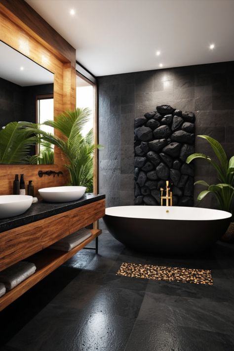 Experience exotic luxury in your bathroom with rich palm wood elements and striking black volcanic stone features. A tropical escape in your own home. #TropicalLuxury #BathroomDesign #ExoticWood Dark Stone Bathroom Floor, Hawaiian Bathroom Ideas, Bali Inspired Bathroom, Modern Tropical Bathroom, Stone Floor Bathroom, Future Decor, Tropical Luxury, Tropical Bathroom, Bathroom Upgrade