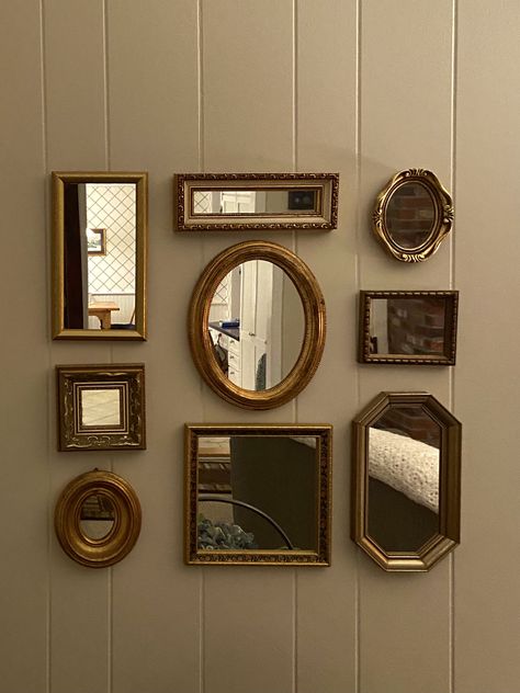 Gallery Wall With Center Photo, Mirror Gallery Wall Bathroom, Multiple Antique Mirrors On Wall, Small Vintage Wall Mirror, Small Mirror Wall Decor Ideas Bedroom, Antique Frames On Wall Ideas, Wall Of Small Mirrors, Wall Of Mirrors Ideas, Multiple Mirrors On Wall