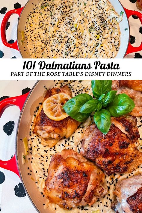 Spotted pasta perfect for a 101 Dalmatians dinner party or Disney movie night! Themed Dinners Ideas, Themed Meals, Movie Dinner, Leek Pasta, Disney Movie Night Dinner, Disney Night, Roasted Rainbow Carrots, Movie Night Dinner, Movie Night Food