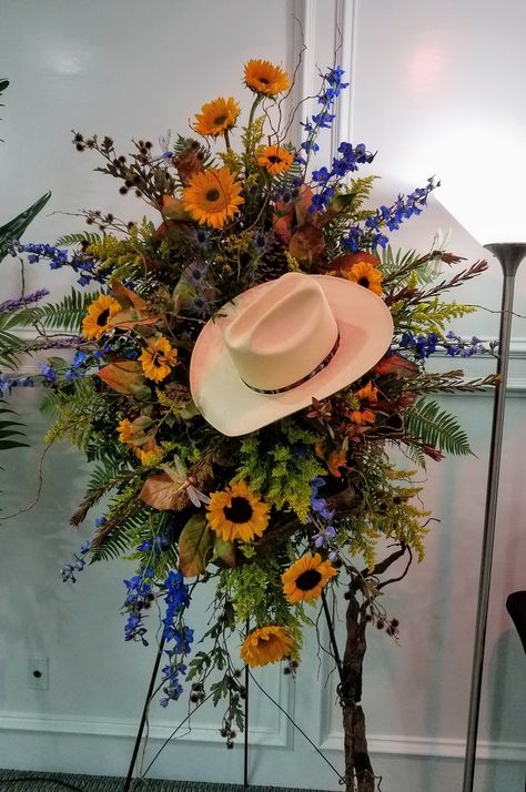 Cowgirl Flower Arrangement, Cowboy Flower Arrangement, Cemetery Flowers For Men, Rustic Casket Sprays For Men, Manly Floral Arrangements, Cowboy Boot Flower Arrangement, Floral Spray Arrangement, Artificial Flower Arrangements Centerpieces, Standing Spray