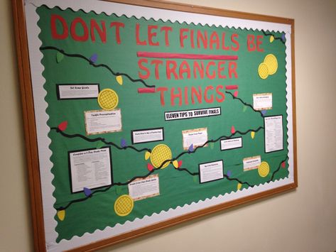 RA Bulletin Board- "Don't let finals be Stranger Things" Eleven Tips to Survive Final Exams Stranger Things Ra Bulletin Board, Stranger Things Bulletin Board, Ra Passive Programs, School Counselor Bulletin Boards, Ra Programs, Counselor Bulletin Boards, Ra Inspiration, Resident Assistant Bulletin Boards, Stranger Things Theme