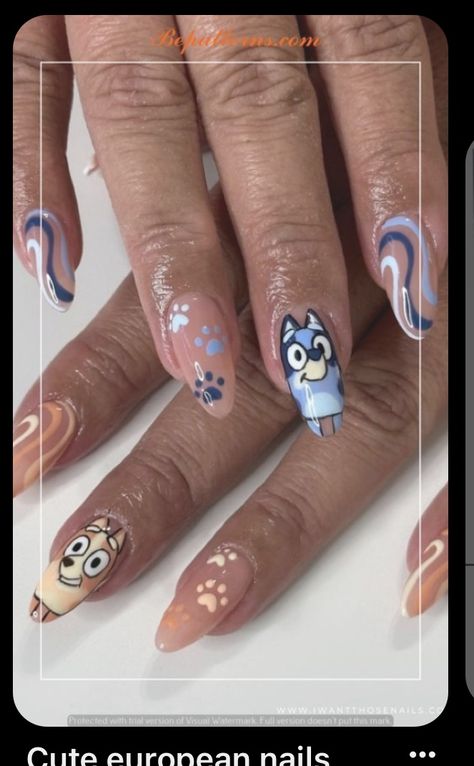 Bluey Nail Art Designs, Cute Character Nail Designs, Bluey Nails Design, Bluey Cartoon Nail Art, Forky Nails, Daycare Nails, Bluey Cartoon Nails, Regular Show Nails, Bluey Nails Ideas