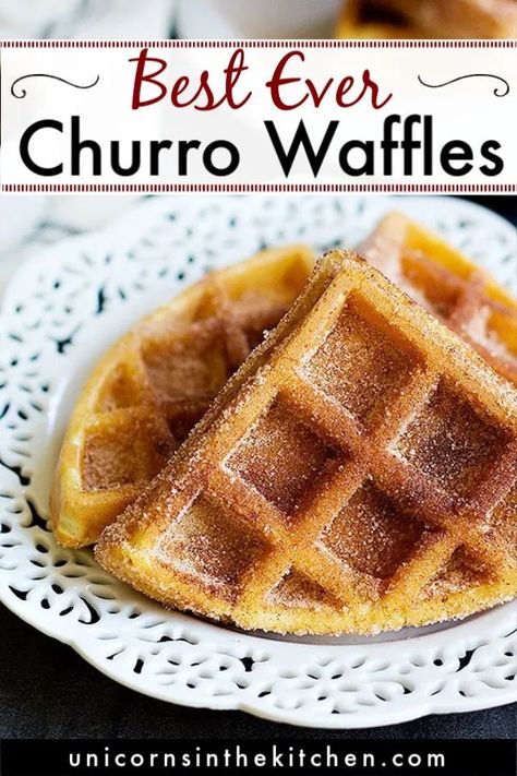 If you love churros, you are going to devour these churro waffles! Rolled in cinnamon sugar and dipped in melted chocolate, this would make the best breakfast or brunch on a Sunday! This recipe is so easy to make, you can even make it as a quick dessert. Check out our video for a step-by-step tutorial. #churrowaffles #waffles #brunch #wafflerecipe Waffles Ideas, Churro Waffles, Waffle Iron Recipes, Fluffy Waffles, Waffles Easy, Waffles Recipe, Breakfast Waffles, Dessert Aux Fruits, Quick Desserts