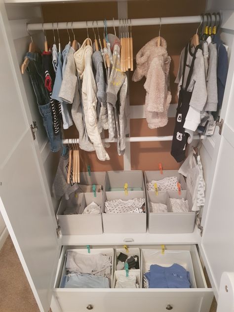 Nursery Wardrobe Organisation, Small Wardrobe Room, Nursery Cupboard, Baby Wardrobe Organisation, Baby Wardrobe Ideas, Small Wardrobe Organisation, Baby Cupboard, Nursery Wardrobe, Cupboard Organiser