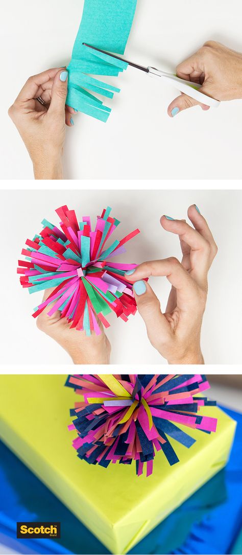 Easy DIY tissue paper pom! @Scotch Gift Wrap Tissue Paper Packaging Ideas, Gift Wrapping Ideas With Tissue Paper, How To Make A Bow Out Of Tissue Paper, Pom Pom Wrapping Ideas, Diy Wrapping Paper Bows, Tissue Paper Bows Diy Gift Wrapping, Diy Paper Pom Poms, How To Decorate A Gift Bag Tissue Paper, Tissue Paper Wrapping Ideas Packaging