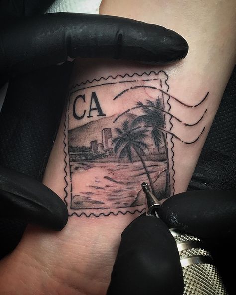 High Voltage Tattoo on Instagram: “The perfect way to remember your stay in LA! Sick stamp tattoo done today  by @saigonkicker #california #palmtree #losangeles…” San Diego California Tattoo Ideas, Cali Inspired Tattoos, California Sleeve Tattoo Ideas, Tattoo Ideas California, California Stamp Tattoo, California Tattoo Sleeve, California Tattoo For Women, Hotel California Tattoo, Socal Tattoo