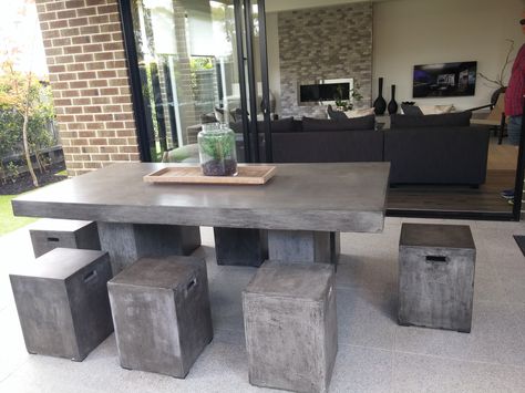 PHOTO 6: Concrete outdoor table with metal chairs that cover with cement. It is a clever idea to use for outdoor as it is tough enough to withstand the weather and still gives you the elegant look to the place. It works well with any industrial, rustic, or contemporary design of a home. Outdoor Concrete Table And Chairs, Table With Metal Chairs, Concrete Dining Room, Concrete Outdoor Dining Table, Fire Pit Coffee Table, Concrete Outdoor Table, Granite Table, Cement Table, Concrete Interiors