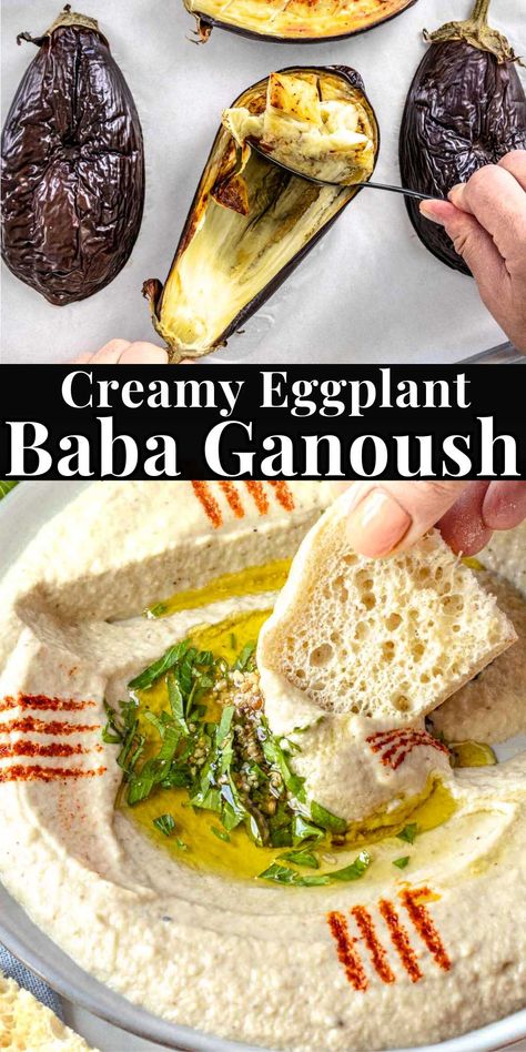 Middle Eastern Eggplant, Easy Baba Ganoush Recipe, Creamy Eggplant, Mediterranean Eggplant, Baba Ganoush Recipe, Vegan Sauce Recipes, Babaganoush Recipe, Easy Eggplant, Veggie Sticks