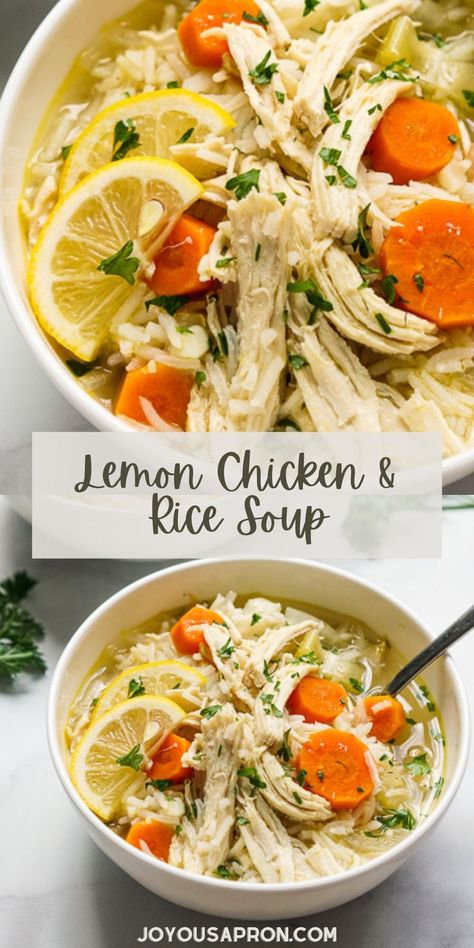 Lemon Chicken and Rice Soup - this yummy and easy Greek inspired soup makes a quick one-pot dinner or lunch meal for busy days. Lemon chicken broth filled with shredded chicken, rice, carrots and herbs. Healthy and flavorful comfort food recipe! Lemon Chicken And Rice Soup, Lemon Chicken Rice Soup, Lemon Chicken And Rice, Joyous Apron, Dinners Chicken, Lemon Chicken Rice, Lemon Rice Soup, Stews Recipes, Lemon Chicken Soup