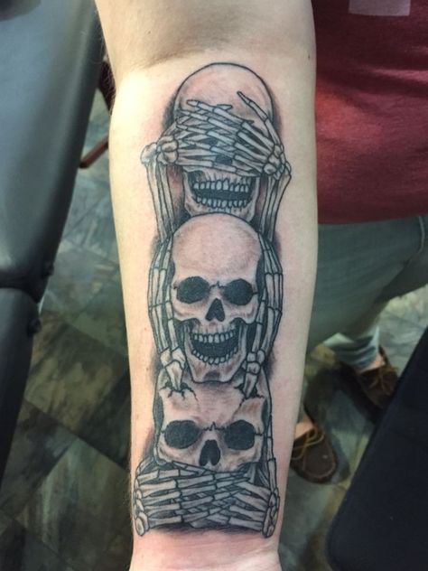 Three Skulls Tattoo, See No Evil Hear No Evil Tattoo, See No Hear No Speak No Tattoo, See No Evil Speak No Evil Tattoo, Hear No Evil See No Evil Tattoo, Fear No Evil Tattoo, Top Forearm Tattoos, No Evil Tattoo, Forearm Tattoos For Men