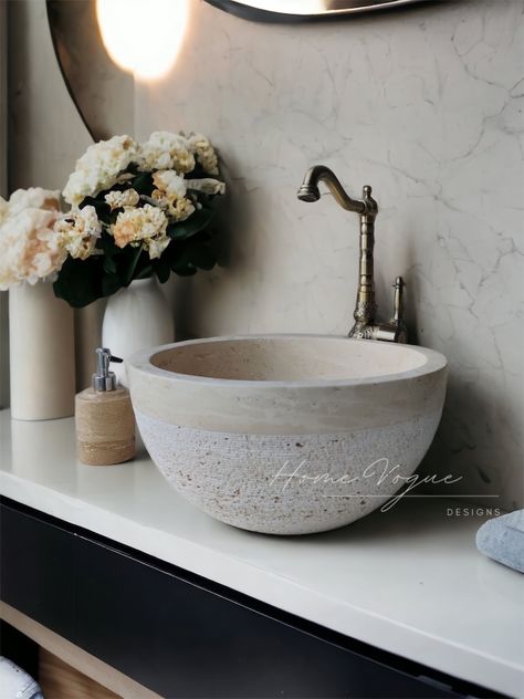 Bathroom Bowl Sinks, Small Bathroom Sink, Bowl Sink Bathroom, Unusual Bathrooms, Marble Vessel Sink, Tiny Powder Room, Bathroom Sink Bowls, Stone Bathroom Sink, Stone Sinks