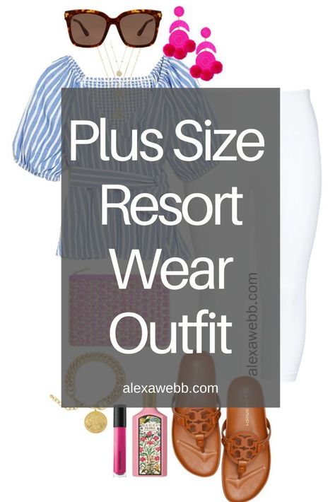 Plus Size Preppy Resort Wear with a plus size blue stripe wrap top, white capri denim jeans, pink clutch, and Tory Burch Miller sandals by Alexa Webb. The perfect vacation outfit! Plus Size Vacation Outfits Beach, Cancun Outfits Plus Size, Mexico Vacation Outfits Plus Size, Plus Size Resort Wear Outfits, Preppy Resort Wear, Plus Size Cruise Outfits, Caribbean Vacation Outfit, Plus Size Preppy, Plus Size Resort Wear