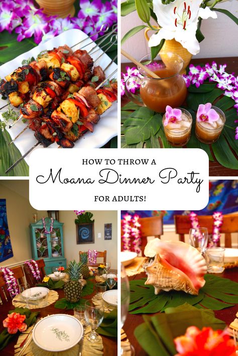 Disney fans, learn how to host a Moana themed dinner party for adults! This colorful Hawaiian menu celebrates the island and the sea. #Moana #Moanaparty #Disneyparty #disneyfood #Hawaiianparty #Hawaiianfood #Moanaparty Moana Menu Ideas, Disney Dinner Party For Adults, Moana Themed Dinner Ideas, Hawaiian Theme Dinner Party, Hawaiian Themed Dinner, Moana Dinner Ideas, Moana Inspired Food, Disney Themed Dinner Party, Disney Themed Meals Dinners