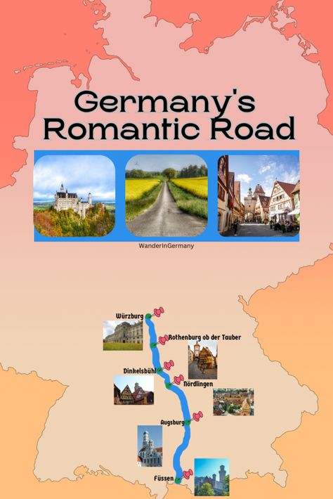 Romantic Road Germany Map, Germany Itinerary, Romantic Road Germany, Europe Trip Planning, Germany Travel Destinations, Germany Vacation, German Travel, Frankfurt Germany, Romantic Road