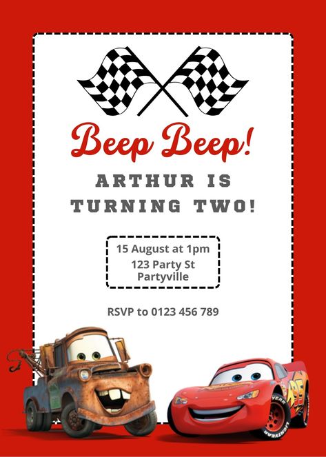 Cars Mater Lightning McQueen Birthday Party Invitation, Personalised Kids Invite https://www.etsy.com/au/listing/1541466280/cars-birthday-party-invitation Cars Mater, Disney Cars Theme, Car Birthday Party Invitations, Mcqueen Birthday, Cars Birthday Party, Free Printable Birthday Cards, Cars Party, Cars Birthday Parties, Party Invitations Kids