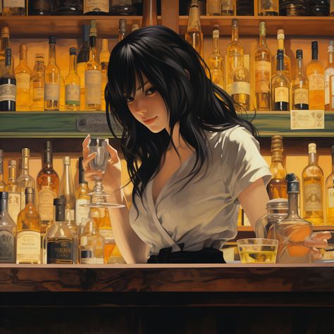 Bar Reference Drawing, Bartender Pose Reference, Bartender Character Design, Bartender Illustration, Bartender Anime, Drinks Illustration, Female Bartender, Drinks Aesthetic, Drunk Woman