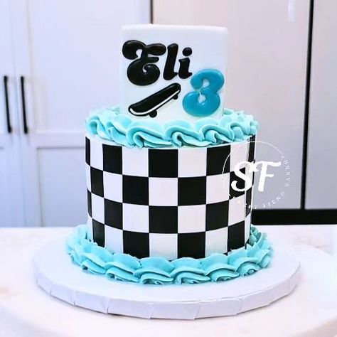 🛹 Happy 3rd Birthday, Eli 🛹 This mama had a small cake request for her little one turning 3! I hope Eli had a great birthday weekend!! Thank you so much, Isabella! 🤗 #sweetfiendbakery#sweetfiend#customcookies#customdesserts#sugarcookies#sandiegocustomcookies#northcountycustomcookies#northcountycustomdesserts#escondidocookies#escondidocustomcookies#sanmarcoscustomcookies#vistacustomcookies#oceansidecustomcookies#fallbrookcustomcookies#delmarcustomcookies#Carlsbadcustomcookies#encinitascu... Black And White Checkered Cake, Checkered Cake, Teal Cake, Happy 3rd Birthday, Birthday Weekend, Blue Checkered, Small Cake, Boys Birthday, Boy Birthday Party