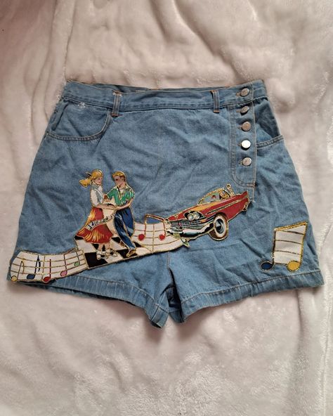 These custom vintage Jean skort/ shorts (tagged "Daily Wear") featuring a unique 1950s sock hop design have been listed in my Poshmark shop. #poshmark #poshmarkseller #vintagefashion #80s #80sfashion #50sfashion #50s #denim #resale 50s Shorts, 60s Shorts, 1950s Sock Hop, Jean Skort, Stranger Things Outfit, 80s Shorts, 50s Women, Sock Hop, 50s Fashion