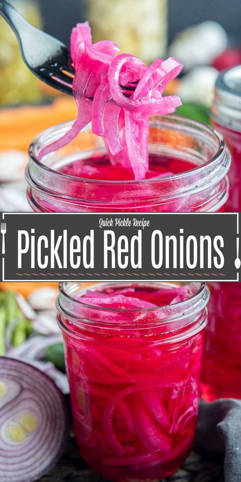 This easy quick pickled red onion recipe is a delicious way to add a little extra flavor to any dish with just 5 simple ingredients. These easy pickled red onions are a great addition to tacos, sandwiches, burgers....just about anything! The vinegar and sugar gives them a tangy flavor that you're going to love. Learn how to quick pickle vegetables with almost no effort and have pickled onions in your refrigerator any time you want them! Pickled Red Onion Recipe, Pickle Onions Recipe, Pickled Red Onion, Pickled Cauliflower, Red Onion Recipes, Quick Pickled Red Onions, Pickled Onion, Quick Pickled Onions, Preserving Foods