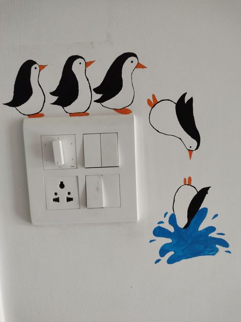 Penguin Switch Board Art, Painting Around Switchboard, Study Room Wall Painting Ideas, Painting On Switch Board, Switch Board Art Ideas Room Decor, Creative Switch Board Art, Switchboard Painting Ideas, Switch Board Art Ideas, Switchboard Painting