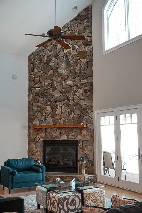 Stone Fireplace White Grout, Refresh Stone Fireplace, White Washed River Rock Fireplace, How To Lighten Stone Fireplace, Repaint Stone Fireplace, Refinishing Stone Fireplace, Update Rock Fireplace, Old Stone Fireplace Makeover, Limewash Stone Fireplace