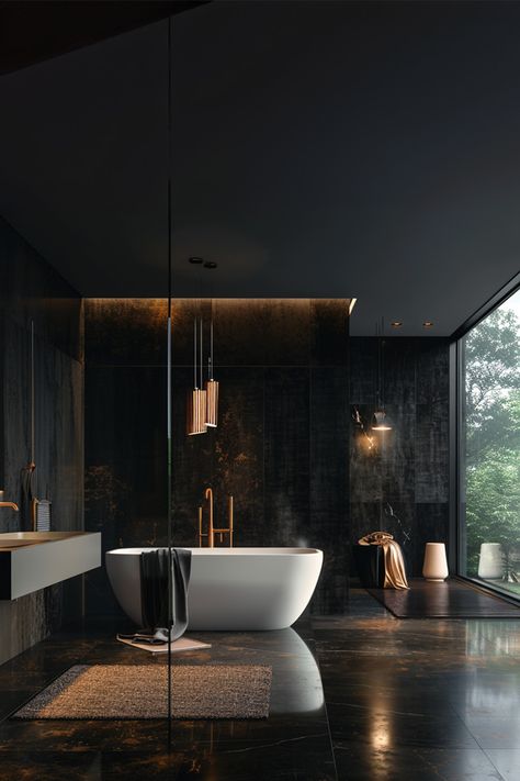 Mystic Elegance • Dramatic shadows mingle with the soft glow of pendant lights in this luxe bathroom • A minimalist white tub stands boldly against the dark marble backdrop • Copper accents from sleek fixtures to pendant lighting add a warm, metallic contrast • The glass wall reveals a serene forest view, blurring the lines between indoors and out • A textured rug on glossy tiles promises a tactile indulgence • A sanctuary of style, where modern design meets nature's tranquility. Dark Bathroom White Tub, Black And Copper Bathroom, Modern Bathroom Black, Black Color Scheme, Glossy Tiles, Marble Backdrop, Moody Bathroom, Luxe Bathroom, Black And Gold Bathroom