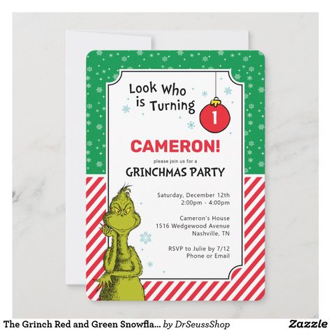 The Grinch Red and Green Snowflake 1st Birthday Grinch Birthday Party, Grinch Birthday, Christmas Birthday Invitations, Birthday Party Snacks, Grinch Party, Dr Seuss Birthday, Third Birthday Party, Birthday Party Theme Decorations, Third Birthday