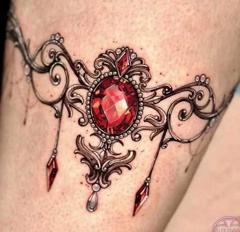 Red Jewel Tattoo, Lace Thigh Tattoos, Winter Nail Art Designs, Gem Tattoo, Jewel Tattoo, Pretty Hand Tattoos, Gorgeous Tattoos, Stick N Poke, Red Jewel