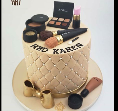 Cake With Makeup Decoration, Makeup Fondant Cake, Cake For Makeup Artist Birthday, Cosmetic Cake Ideas, Makeup Cake Design, Cosmetics Cake, 50th Wedding Anniversary Wishes, Makeup Birthday Cakes, Makeup Cake