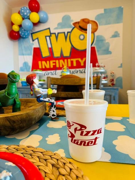 Pizza Planet Party Cups, Toy Story Themed Birthday Party, Pizza Planet Party Decor, Kids Party Cups, Two Infinity & Beyond Birthday - Etsy Pixar Themed Party, Small Toy Story Party, 2 Infinity And Beyond Centerpiece, Toy Story Themed Second Birthday, Toy Story Birthday Party Centerpieces, 2 Infinity And Beyond Birthday Party Food, Two Story Birthday Party, Pizza Planet Birthday Party, Toy Story Balloon Centerpieces