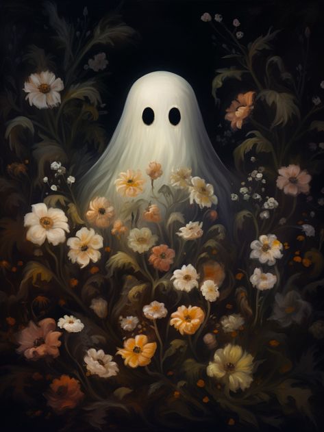 Cute Ghost Art. Cottagecore Oil Painting. Gems Art, Halloween Painting, Art Halloween, A Ghost, Arte Fantasy, Vintage Canvas, Art Poses, Halloween Wallpaper, Pics Art