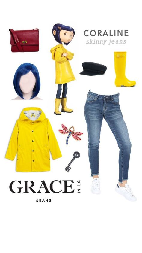 Costumes With Jeans Halloween, Caroline Halloween Costume, Coraline Costume Ideas, Coraline Costume Diy, Yellow Costume Ideas, Halloween Costumes Coraline, Coraline Raincoat, Halloween Costumes Teenage Girl Solo, Coraline Outfit