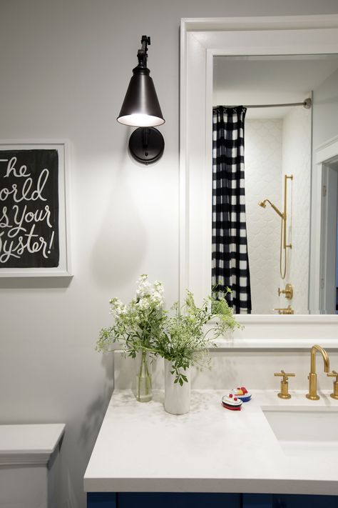 Jillian Harris Home Tour Series Leos Bathroom and Bedroom Buffalo Check Wallpaper Bathroom, Ogee Drop Tile, Black And White Buffalo Check Shower Curtain, Pottery Barn Shower Curtain Black, Kids Shower Curtain Navy, Navy Checkered Shower Curtain, Cottage Style Bathrooms, Jillian Harris, Pretty Bathrooms